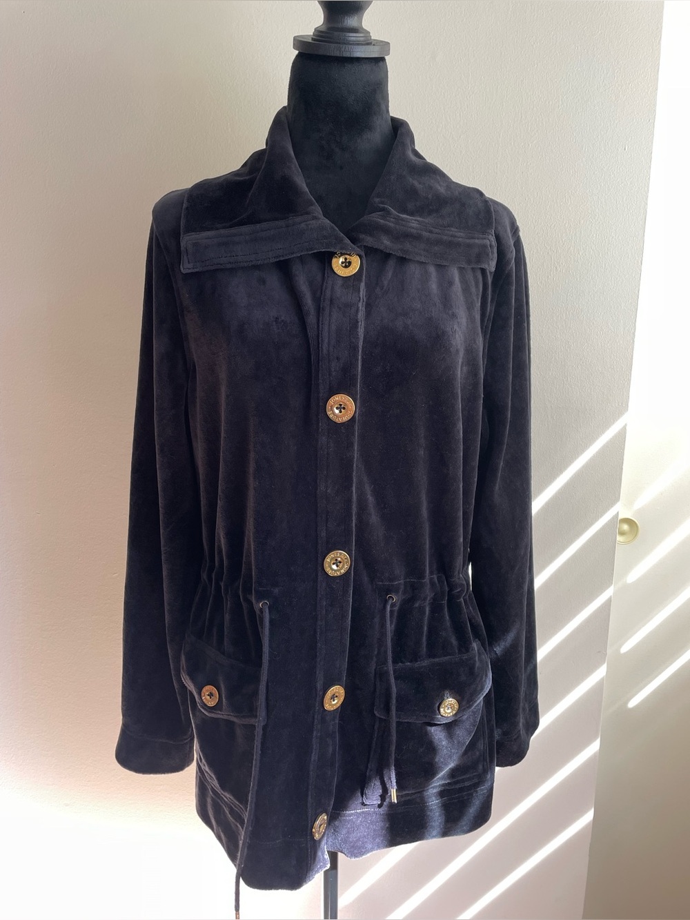Jones New York Velour Jacket Black Snap Front Drawstring Waist L